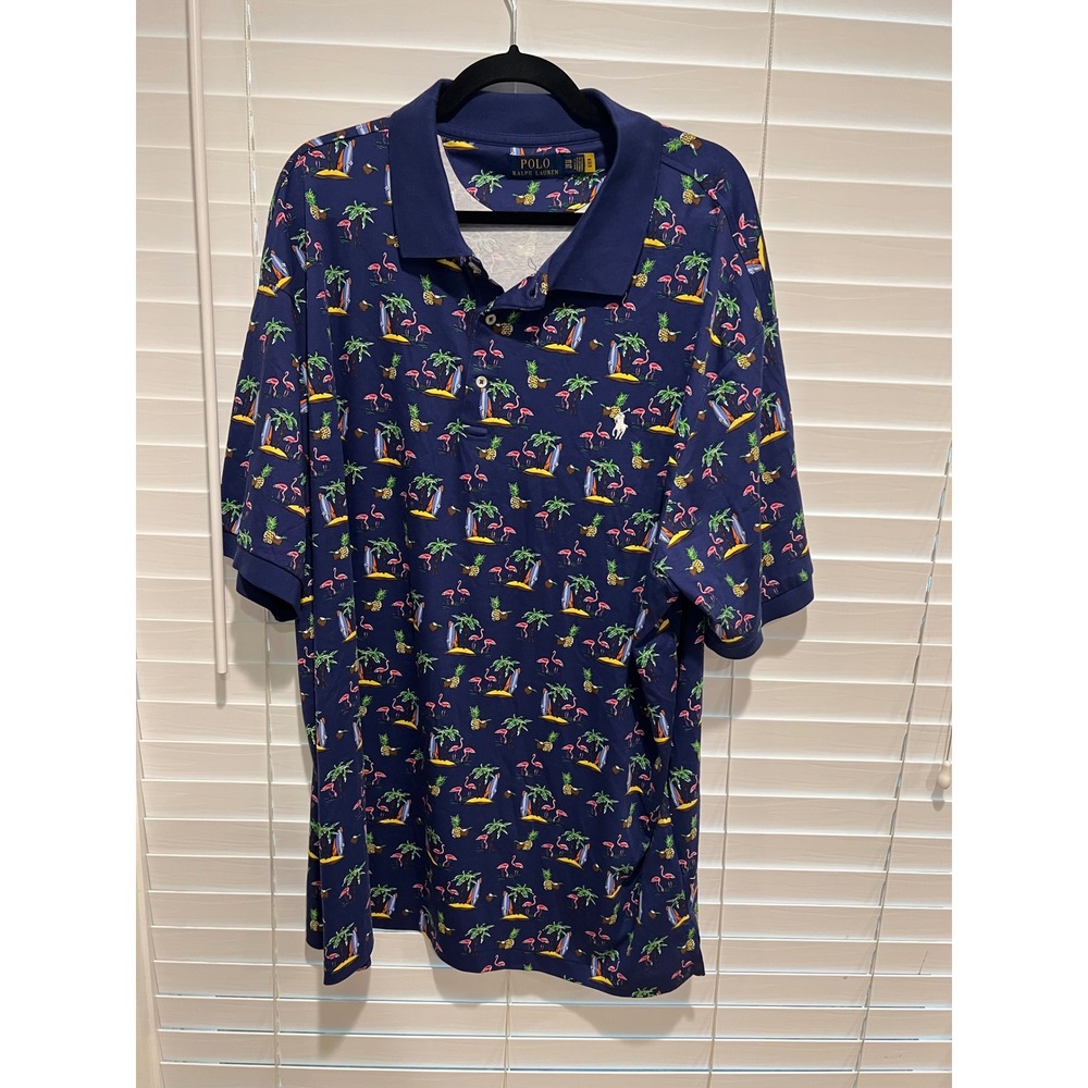 Polo Ralph Lauren Men's Tropical Flamingo Print Polo Shirt,‎ Navy Blue 3XLB